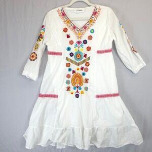 Shineflow White Embroidered Floral V Neck‎ Bohemian Tunic Dress Size M